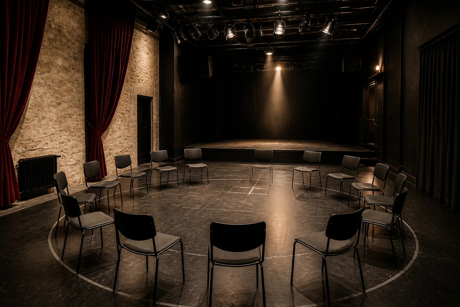 Theatre space prepared for an adult acting workshop